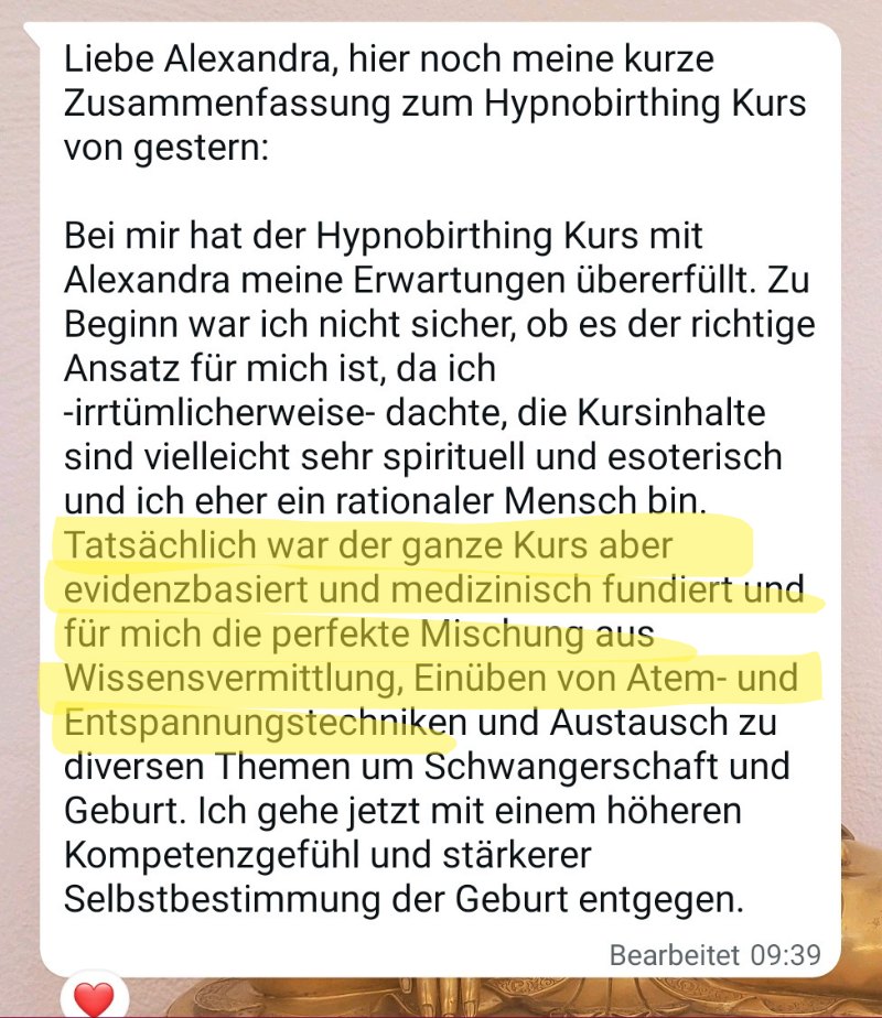WhatsApp-Nachricht einer Kundin: Der Kurs war evidenzbasiert und medizinisch fundiert, die perfekte Mischung aus Wissensvermittlung und Atem- und Entspannungstechniken.