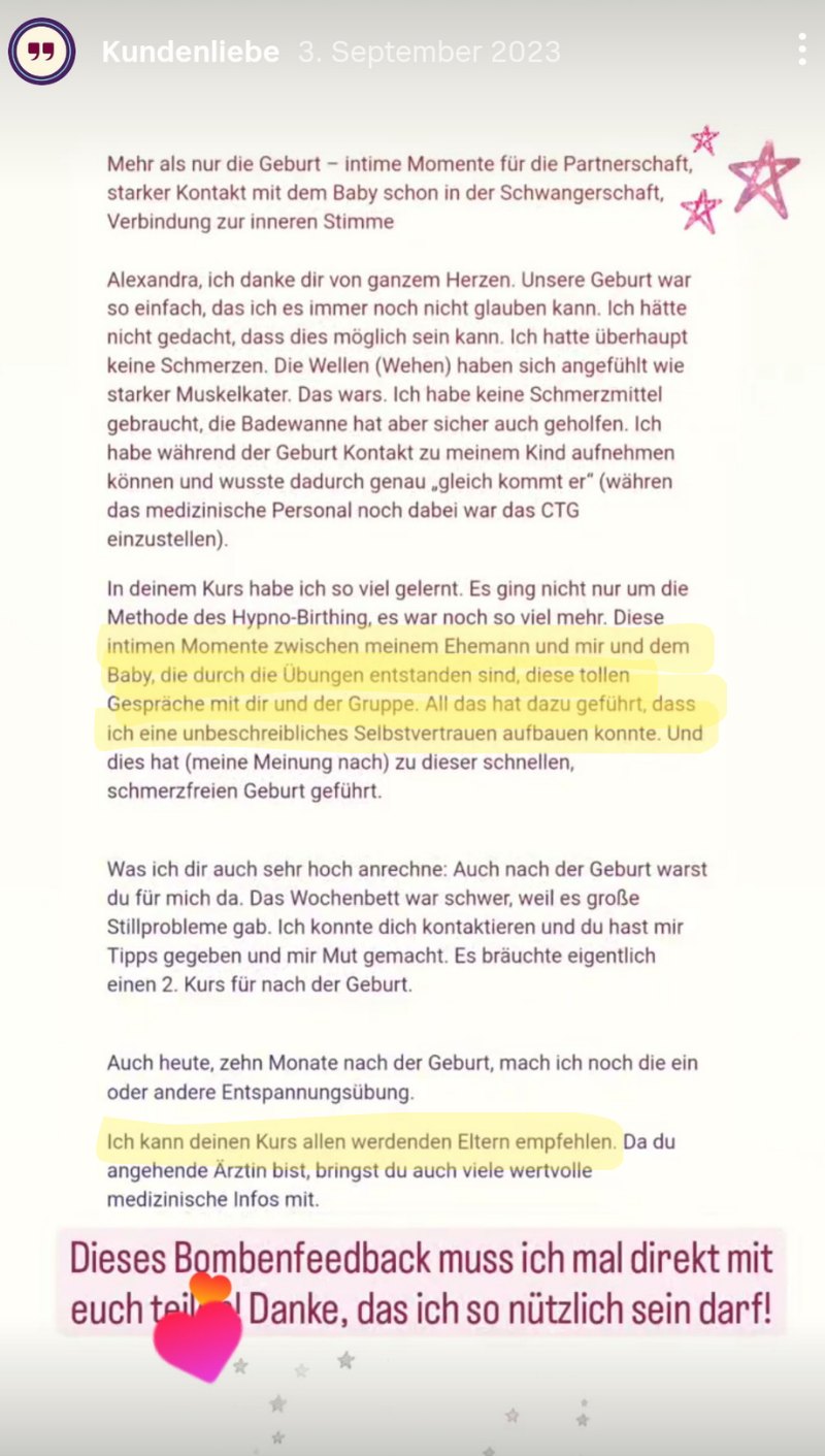 Instagram-Story mit dem Geburtsbericht von Anne: intime Momente mit Partner und Baby durch die Übungen und ein unbeschreibliches Selbstvertrauen.