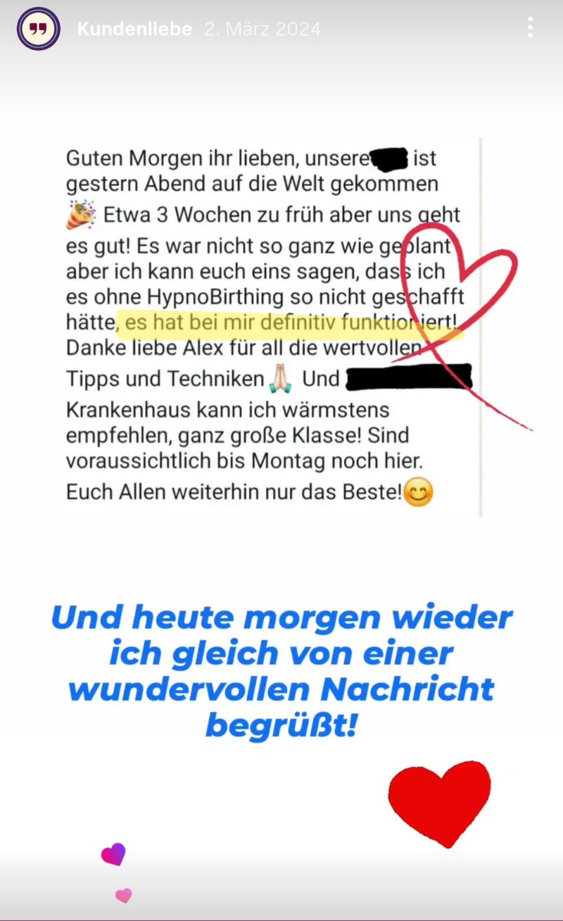 Instagram-Story mit der Nachricht einer Kundin, deren Baby früher kam als geplant: Danke für die wertvollen Tipps und Techniken.