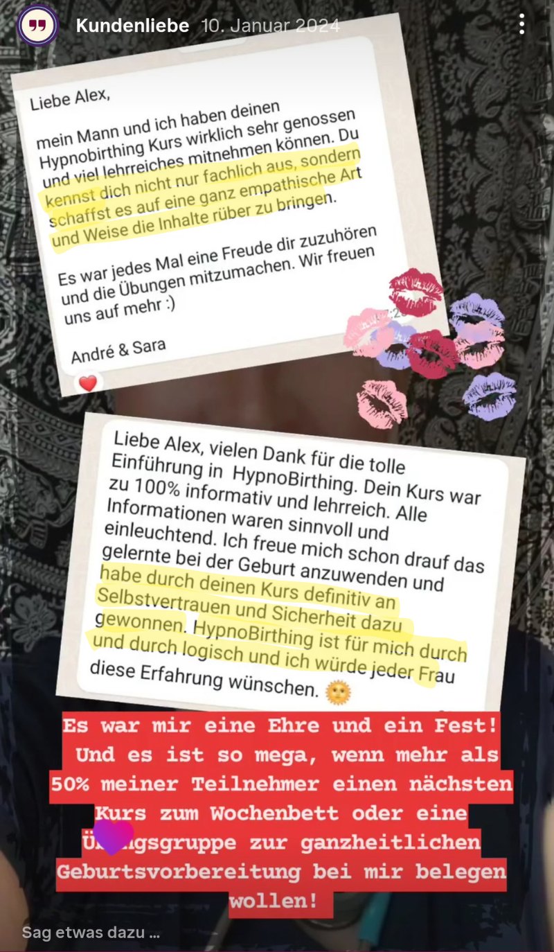 Instagram-Story mit zwei Dankesnachrichten: Der Kurs vermittelt fachliches Wissen auf empathische Art und gibt Selbstvertrauen und Sicherheit für die Geburt.