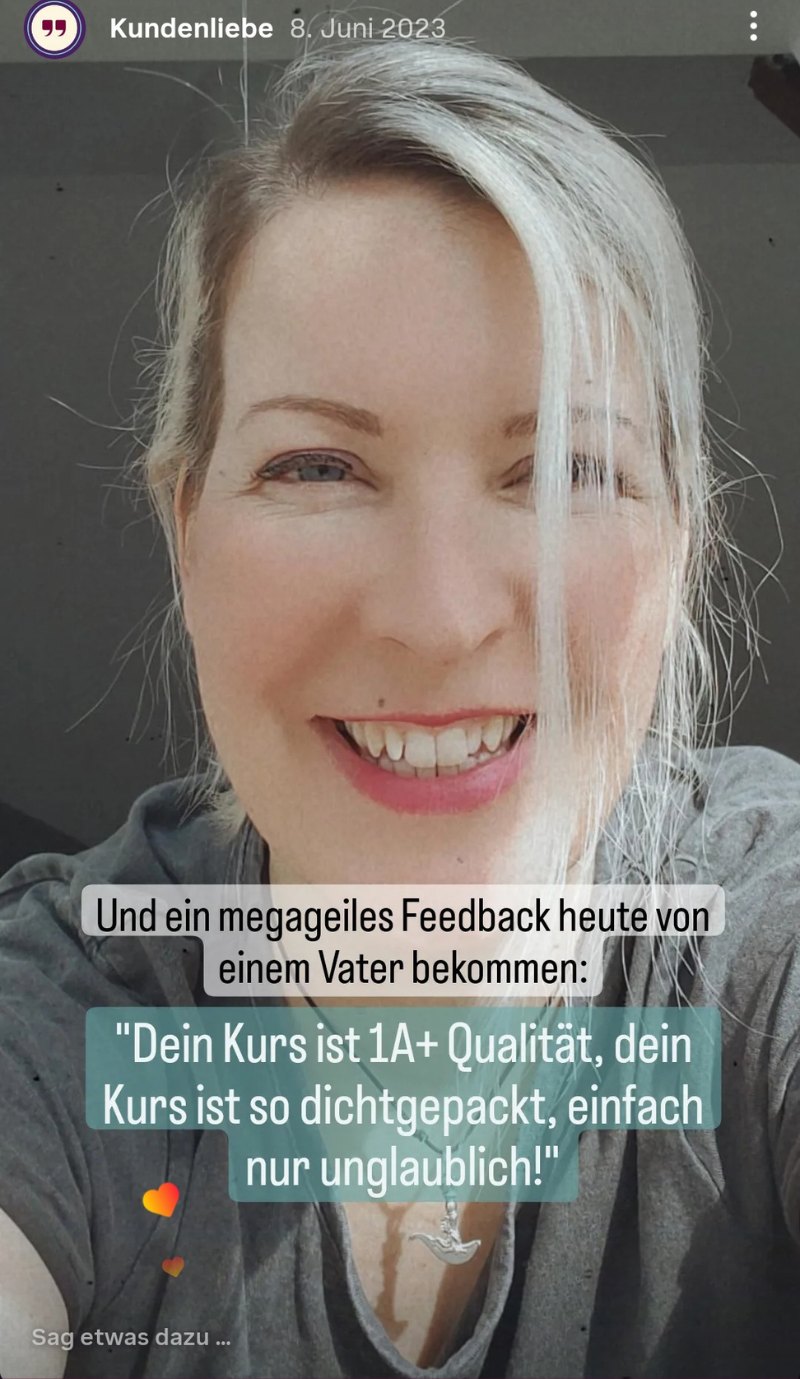 Instagram-Story von Alexandra Stern mit dem Feedback eines Vaters: Dein Kurs ist 1A+ Qualität, so dichtgepackt, einfach nur unglaublich.