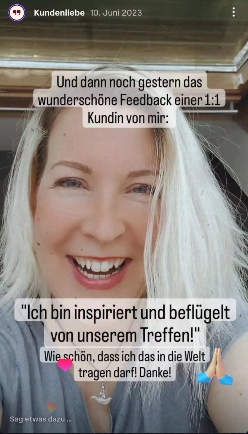 Instagram-Story von Alexandra Stern mit dem Feedback einer Einzelkundin: Ich bin inspiriert und beflügelt von unserem Treffen.