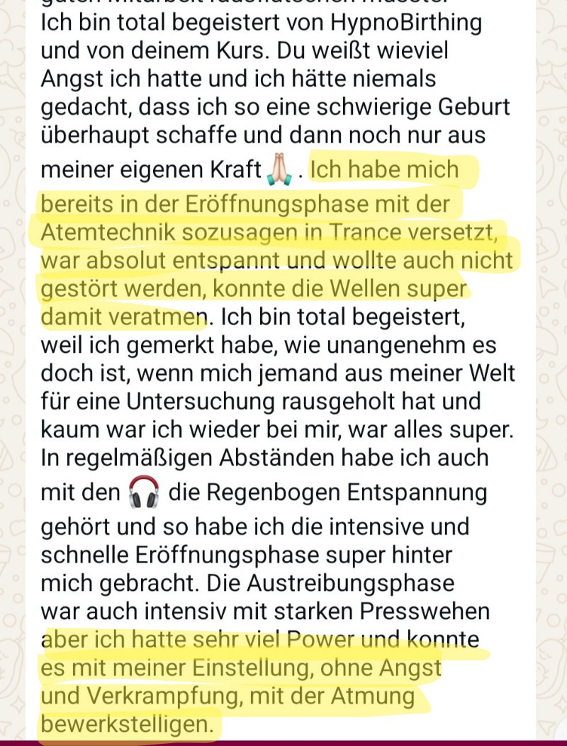 Nachricht von Irina: Ich bin total begeistert von HypnoBirthing und von deinem Kurs. Ich hätte niemals gedacht, dass ich so eine schwierige Geburt schaffe.