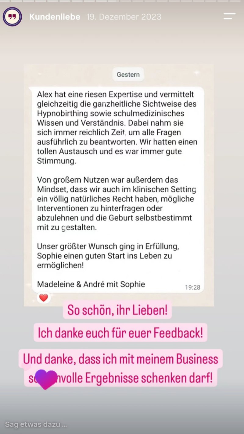 Instagram-Story mit der Nachricht von Madeleine und André: Alex vermittelt die ganzheitliche Sichtweise des HypnoBirthing und schulmedizinisches Wissen.