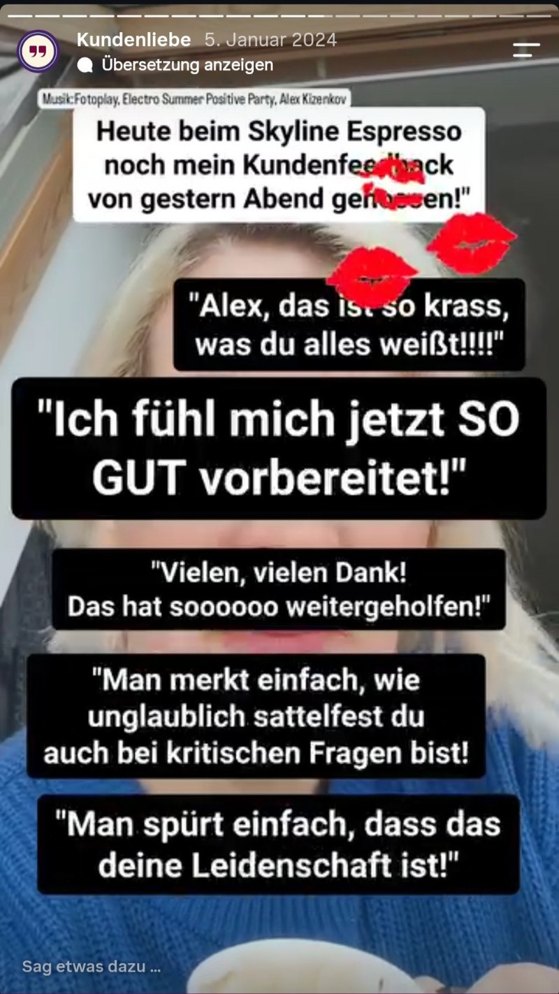 Instagram-Story von Alexandra Stern mit Kundinnen-Feedback: Ich fühl mich jetzt so gut vorbereitet. Man merkt, wie sattelfest du bei kritischen Fragen bist.
