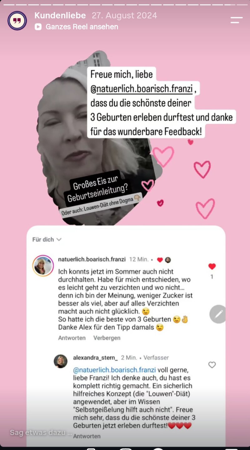 Instagram-Story von Alexandra Stern: Eine Kundin hat die schönste ihrer drei Geburten erlebt.