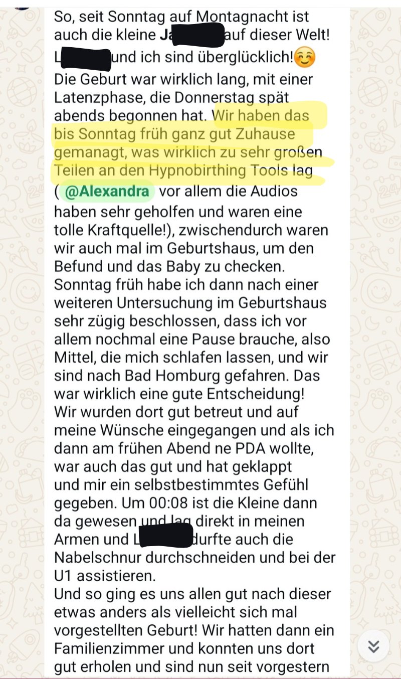Nachricht einer Kundin nach einer langen Geburt mit PDA: Die HypnoBirthing-Tools und Audios waren eine tolle Kraftquelle, und die PDA hat mir ein selbstbestimmtes Gefühl gegeben.